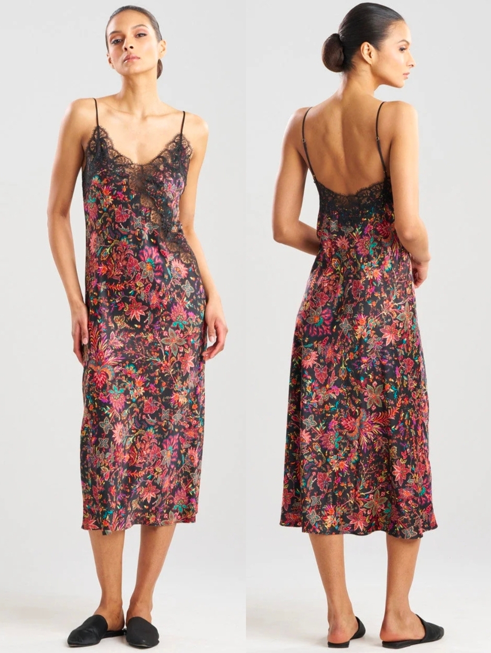 Natori Black Floral Print Lace Granada Midi Slip Dress